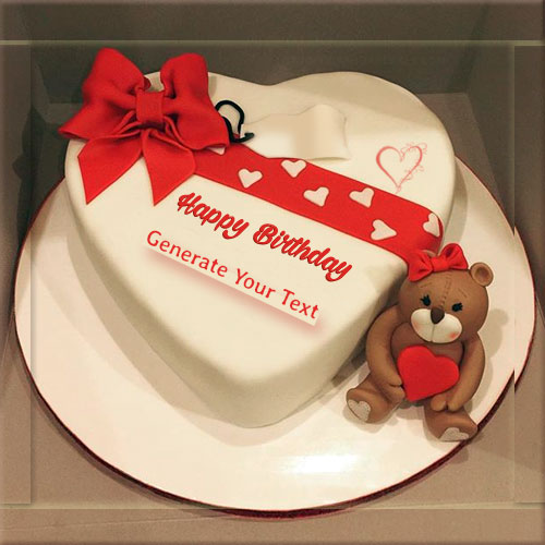 Print Name On Birthday Wish Heart Shape Cake With Teddy