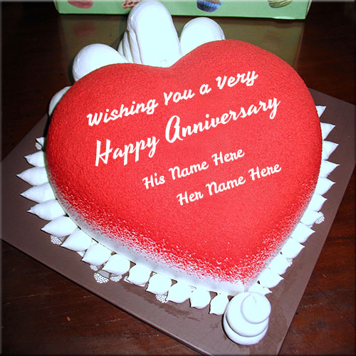 Happy Anniversary Red Heart Shape Cake With Couple Name