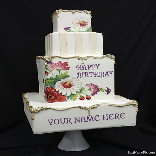Write Your Name On Big Flower Birthday Cake Picture
