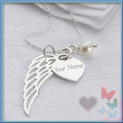 Print Name On Sterling Angel Wing Heart Necklace Pics